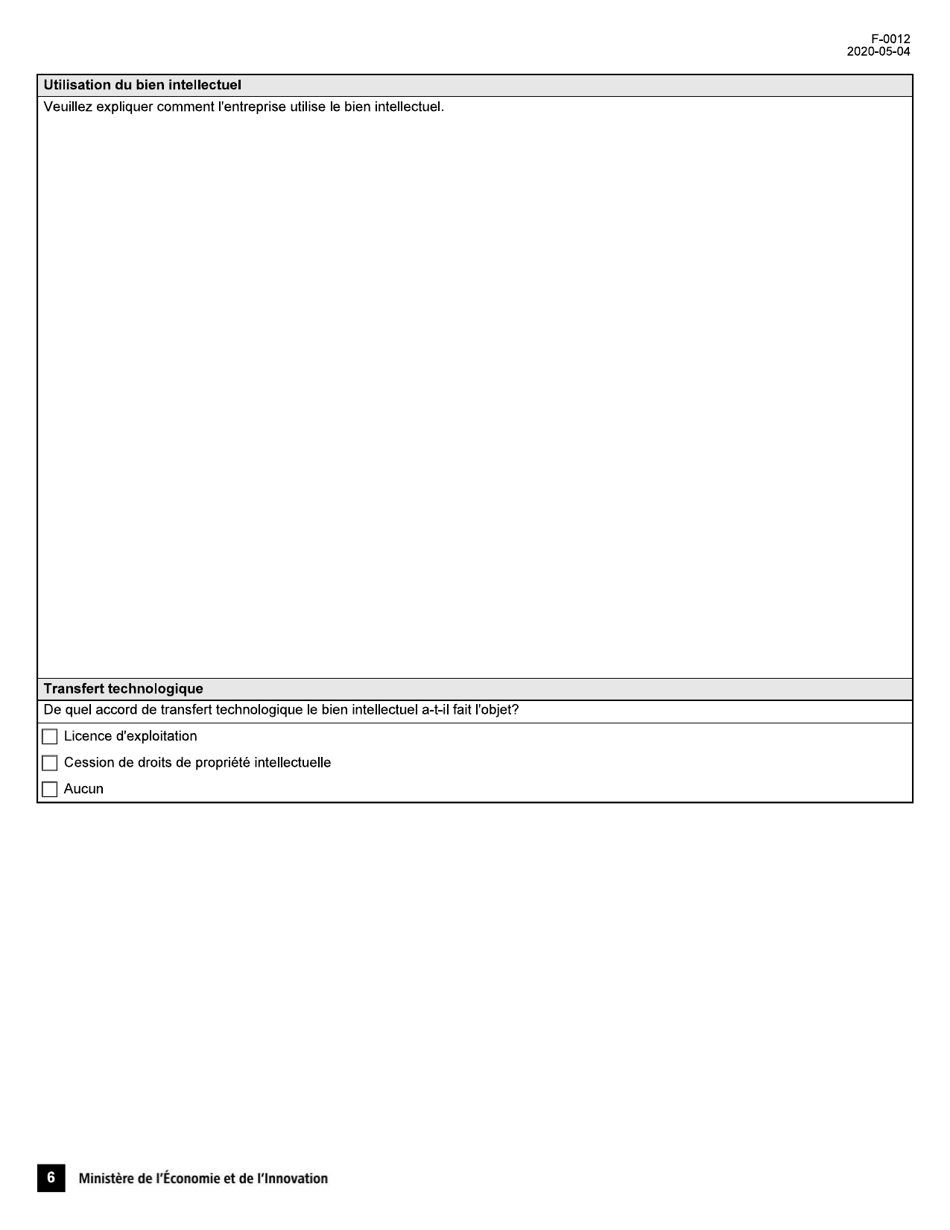 Forme F-0012 Demande Dattestation Dentreprise - Conge Dimpot Sur Le Revenu Pour Une Societe Dediee a La Commercialisation Dune Propriete Intellectuelle - Quebec, Canada (French), Page 6