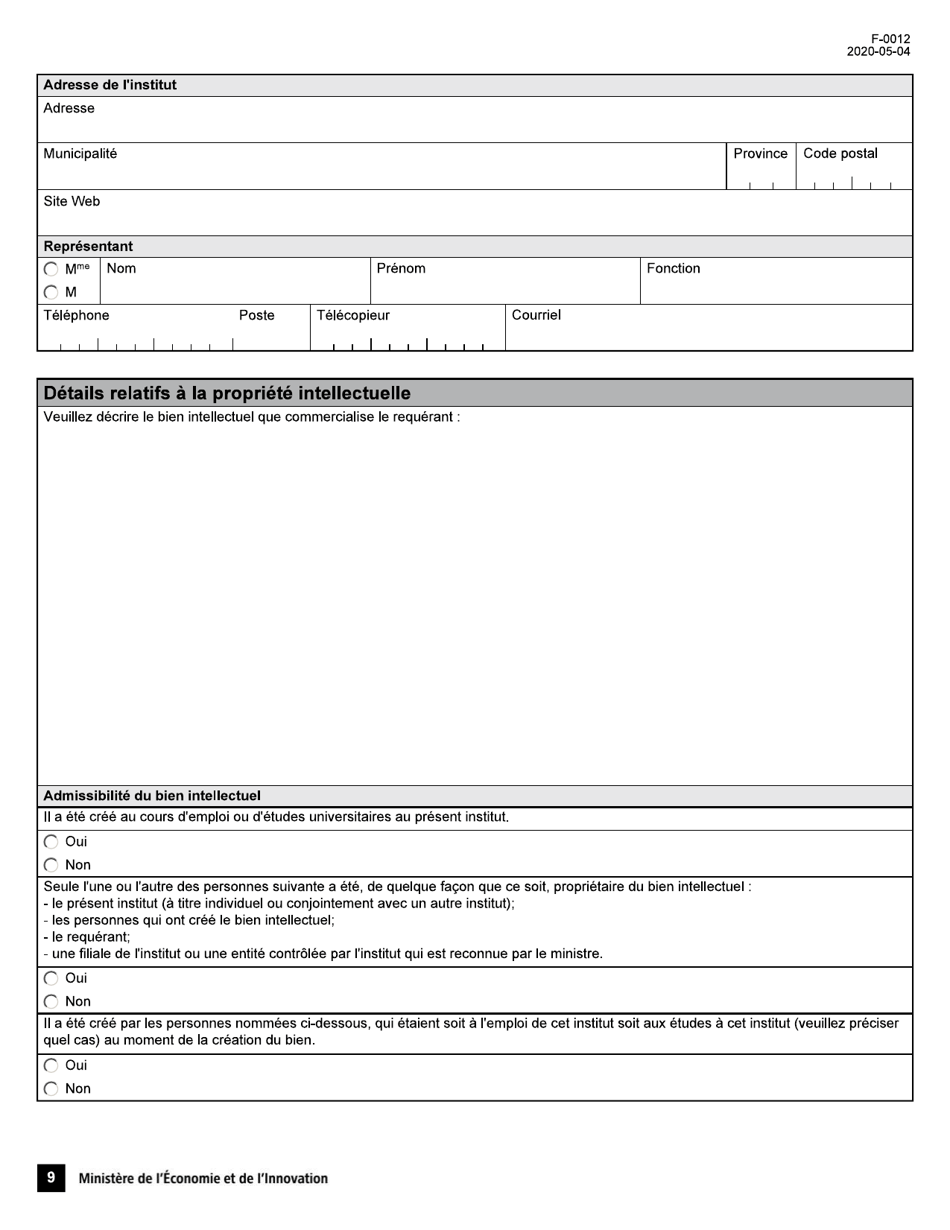 Forme F-0012 Demande Dattestation Dentreprise - Conge Dimpot Sur Le Revenu Pour Une Societe Dediee a La Commercialisation Dune Propriete Intellectuelle - Quebec, Canada (French), Page 9