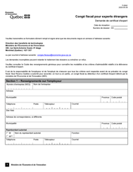Forme F-0042 Demande De Certificat D&#039;expert - Conge Fiscal Pour Experts Etrangers - Quebec, Canada (French)