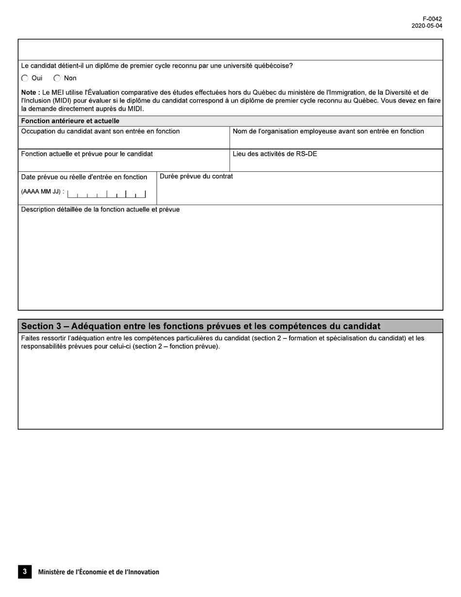 Forme F-0042 Demande De Certificat Dexpert - Conge Fiscal Pour Experts Etrangers - Quebec, Canada (French), Page 3