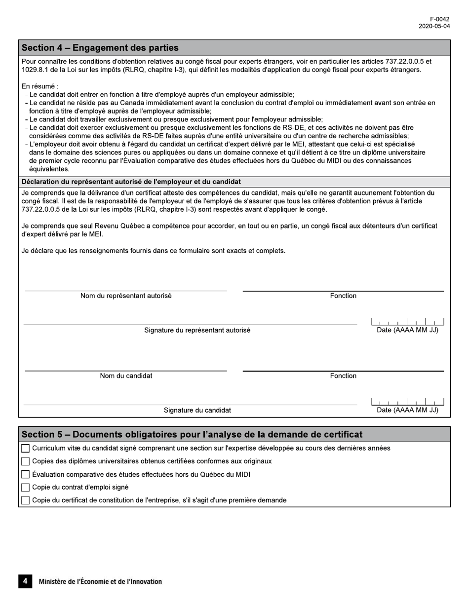 Forme F-0042 Demande De Certificat Dexpert - Conge Fiscal Pour Experts Etrangers - Quebec, Canada (French), Page 4