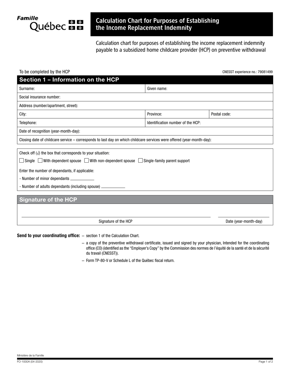 Form FO-1000A Calculation Chart for Purposes of Establishing the Income Replacement Indemnity - Quebec, Canada, Page 1