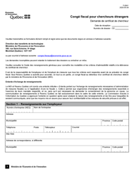 Forme F-0041 Conge Fiscal Pour Chercheurs Etrangers Demande De Certificat De Chercheur - Quebec, Canada (French)