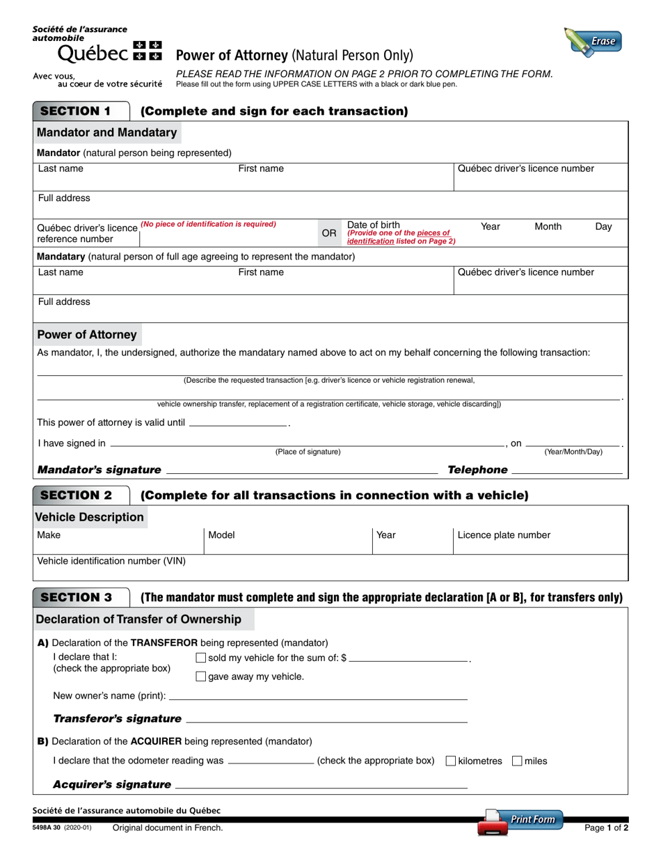 Form 5498A 30 Power of Attorney - Quebec, Canada, Page 1