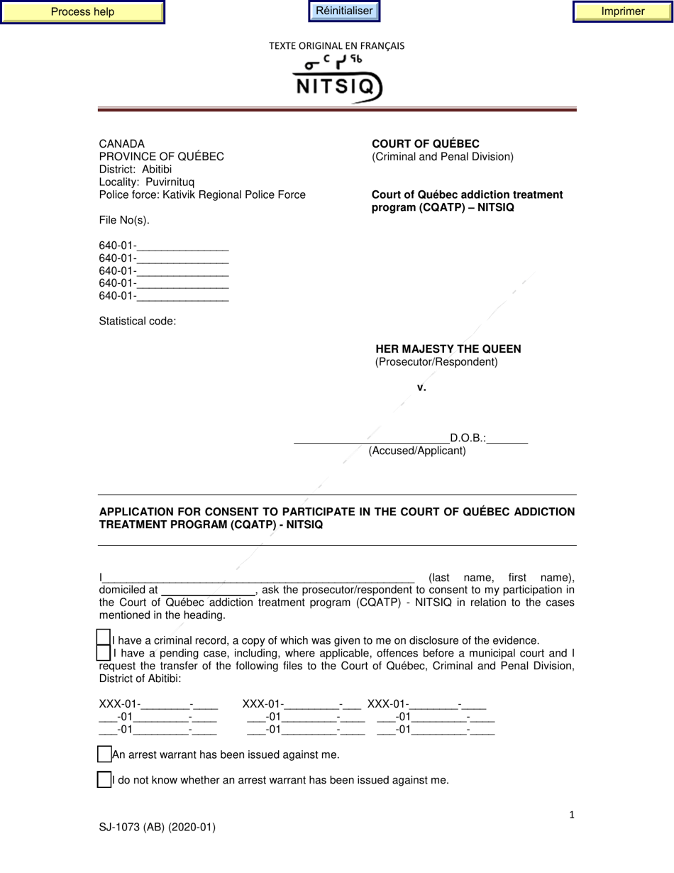 Form SJ-1073A Application for Consent to Participate in the Court of Quebec Addiction Treatment Program (Cqatp) - Nitsiq - Quebec, Canada, Page 1