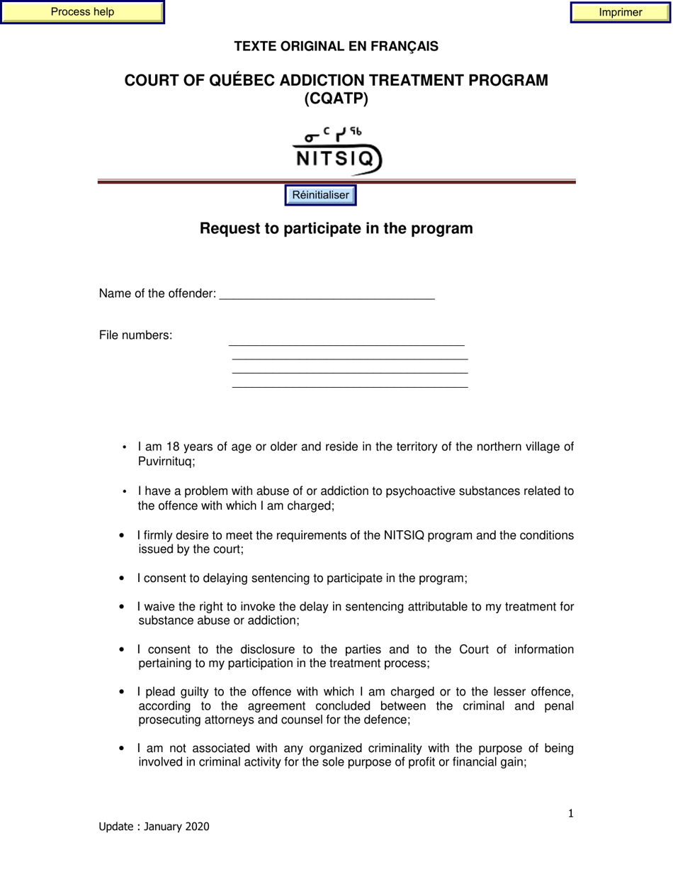Request to Participate in the Program - Quebec, Canada, Page 1
