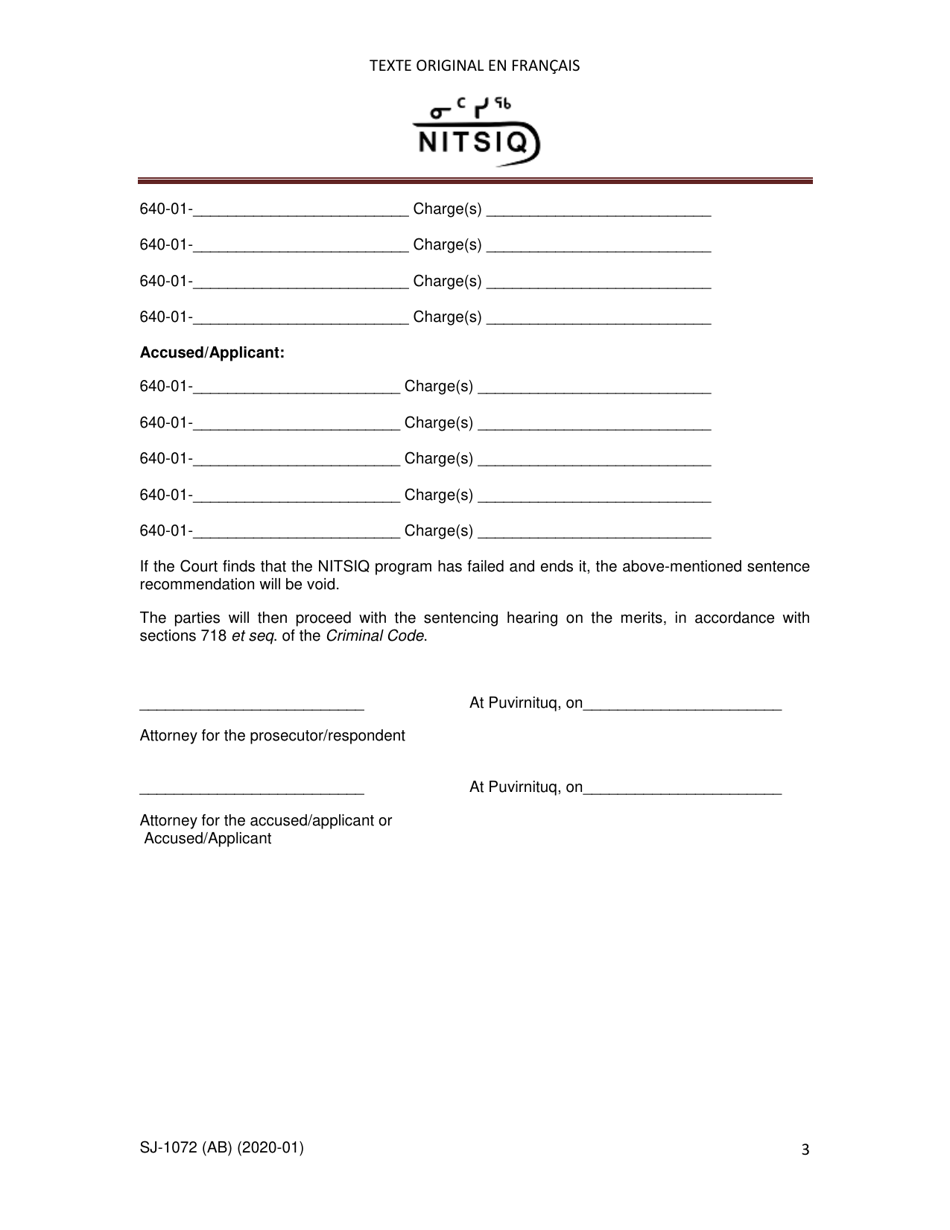 Form SJ-1072A Guilty Plea Agreement Entered Into by the Parties for the Purposes of the Court of Quebec Addiction Treatment Program (Cqatp) - Nitsiq - Quebec, Canada, Page 3