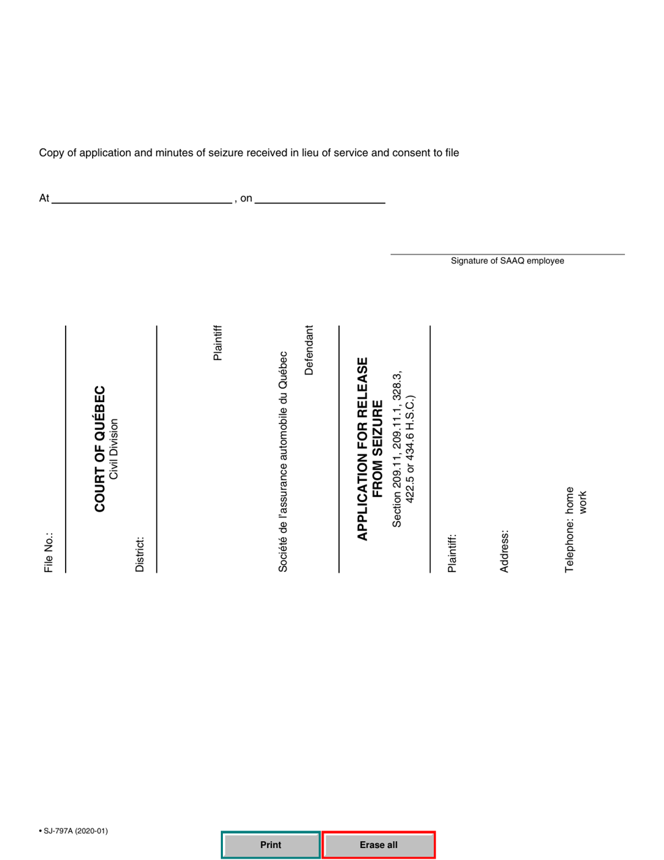 Form SJ-797A Application for Release From Seizure - Quebec, Canada, Page 5