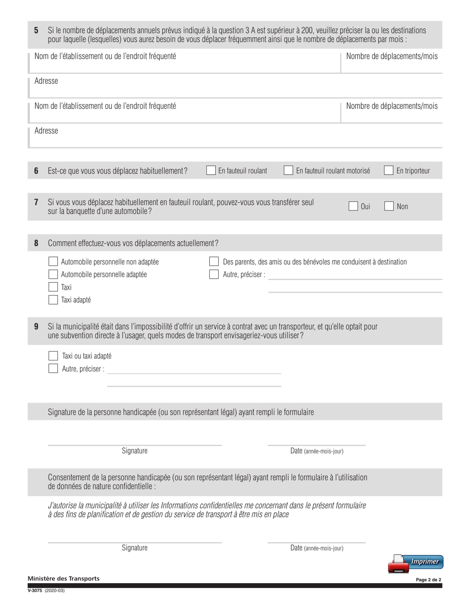 Forme V-3075 Annexe 1 Transport Adapte - Plan Dintervention En Transport - Volet Souple Du Programme Daide Au Transport Adapte - Quebec, Canada (French), Page 2