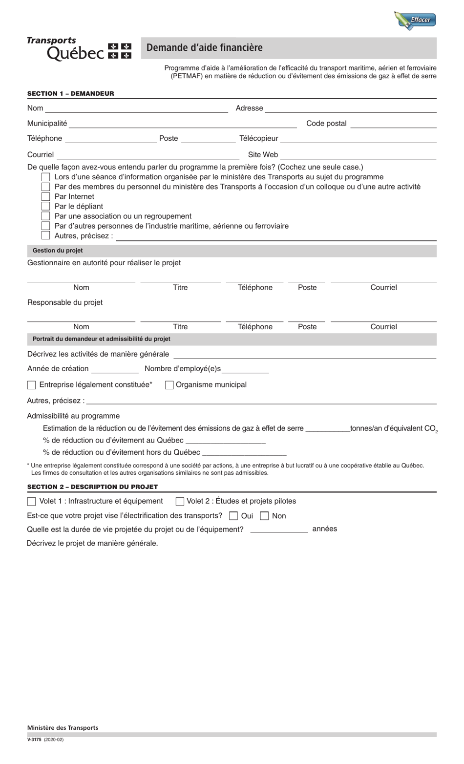 Forme V-3175 Demande Daide Financiere - Quebec, Canada (French), Page 1