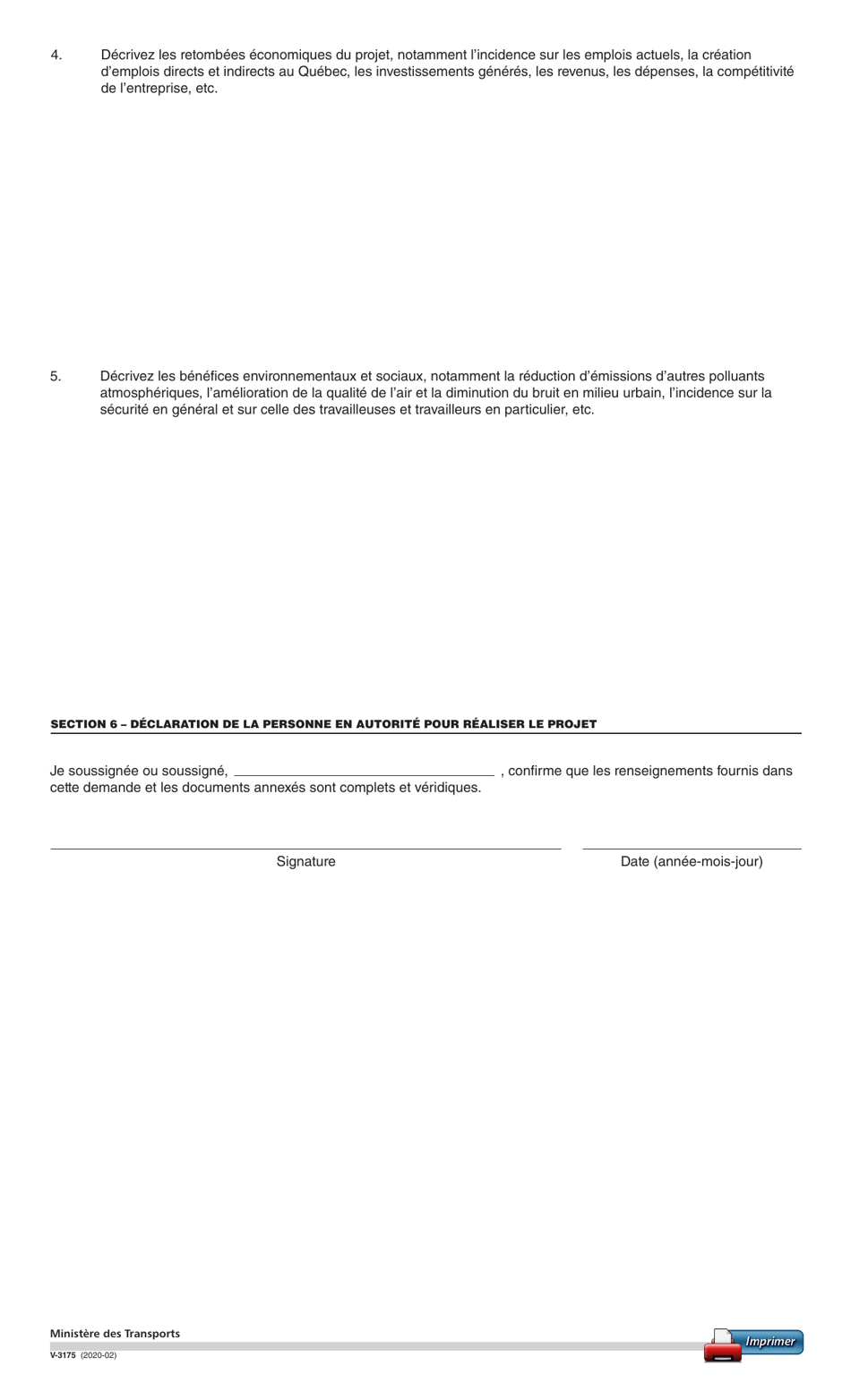 Forme V-3175 Demande Daide Financiere - Quebec, Canada (French), Page 4
