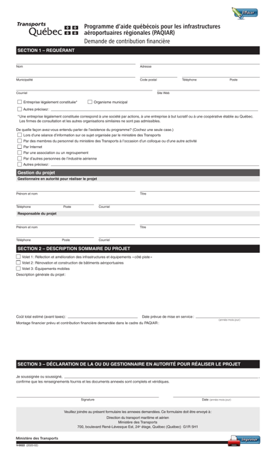 Forme V-0022 Programme D&#039;aide Quebecois Pour Les Infrastructures Aeroportuaires Regionales (Paqiar) Demande De Contribution Financiere - Quebec, Canada (French)