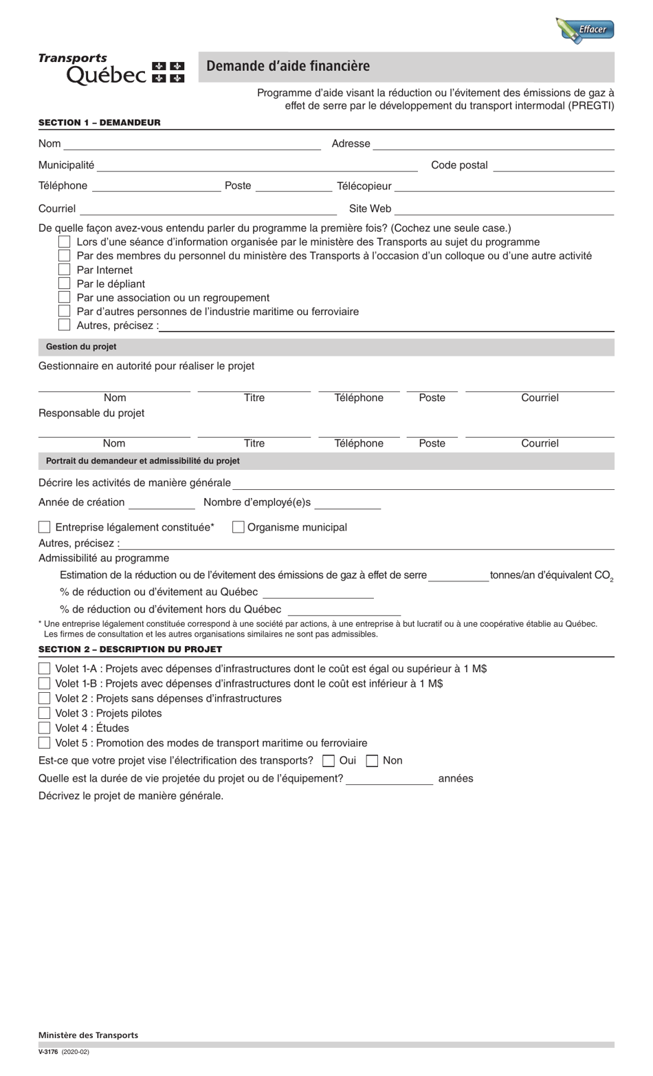 Forme V-3176 Demande Daide Financiere - Quebec, Canada (French), Page 1