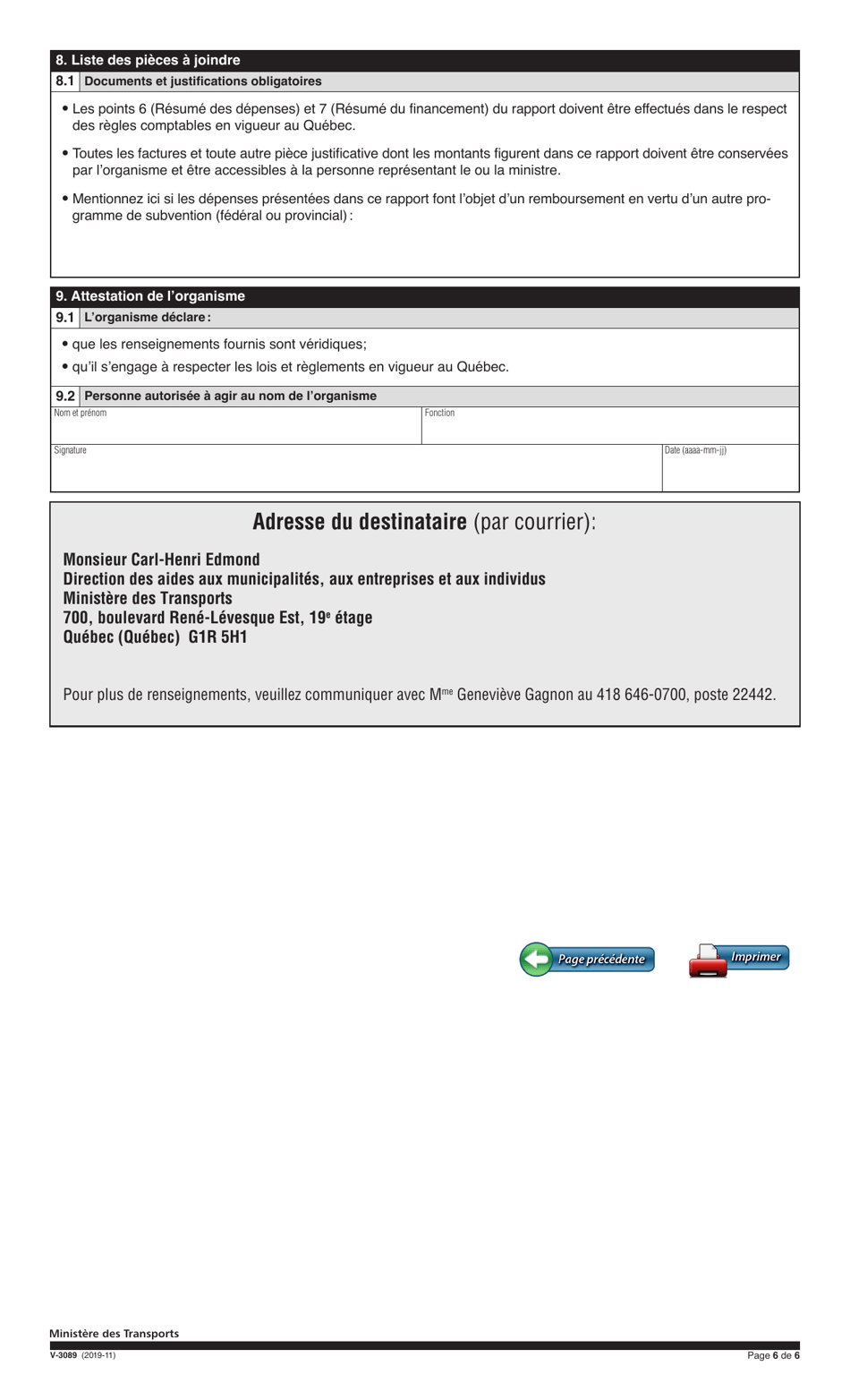 Forme V-3089 Rapport Final - Quebec, Canada (French), Page 6