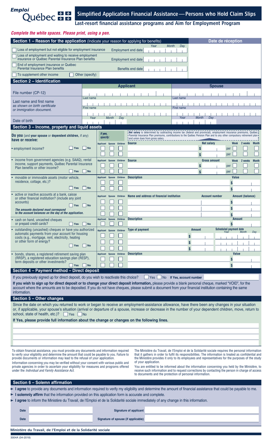 Form 3004A Simplified Application Financial Assistance - Persons Who Hold Claim Slips - Quebec, Canada, Page 1