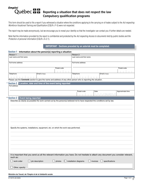 Form 01-1047A  Printable Pdf