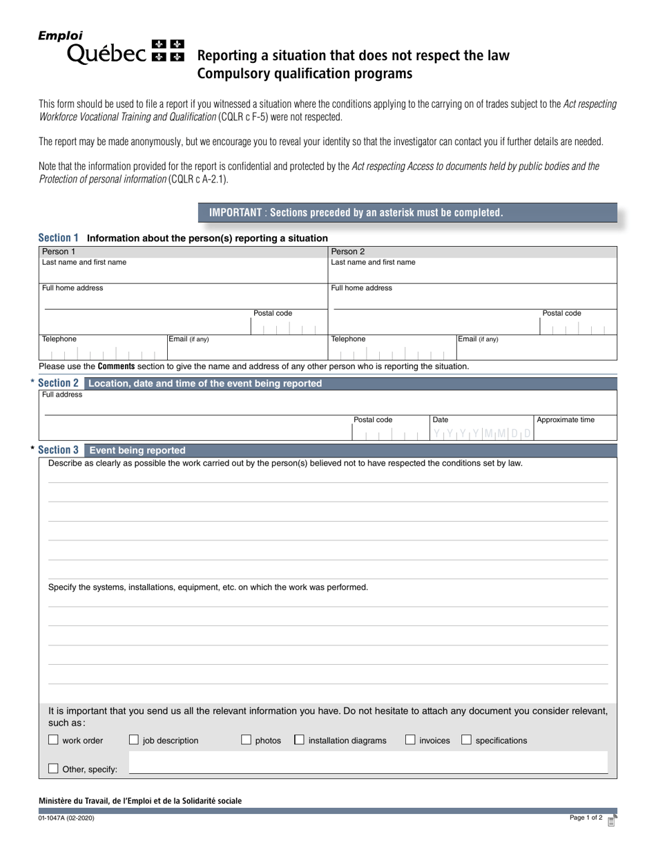 Form 01-1047A Reporting a Situation That Does Not Respect the Law - Compulsory Qualification Programs - Quebec, Canada, Page 1