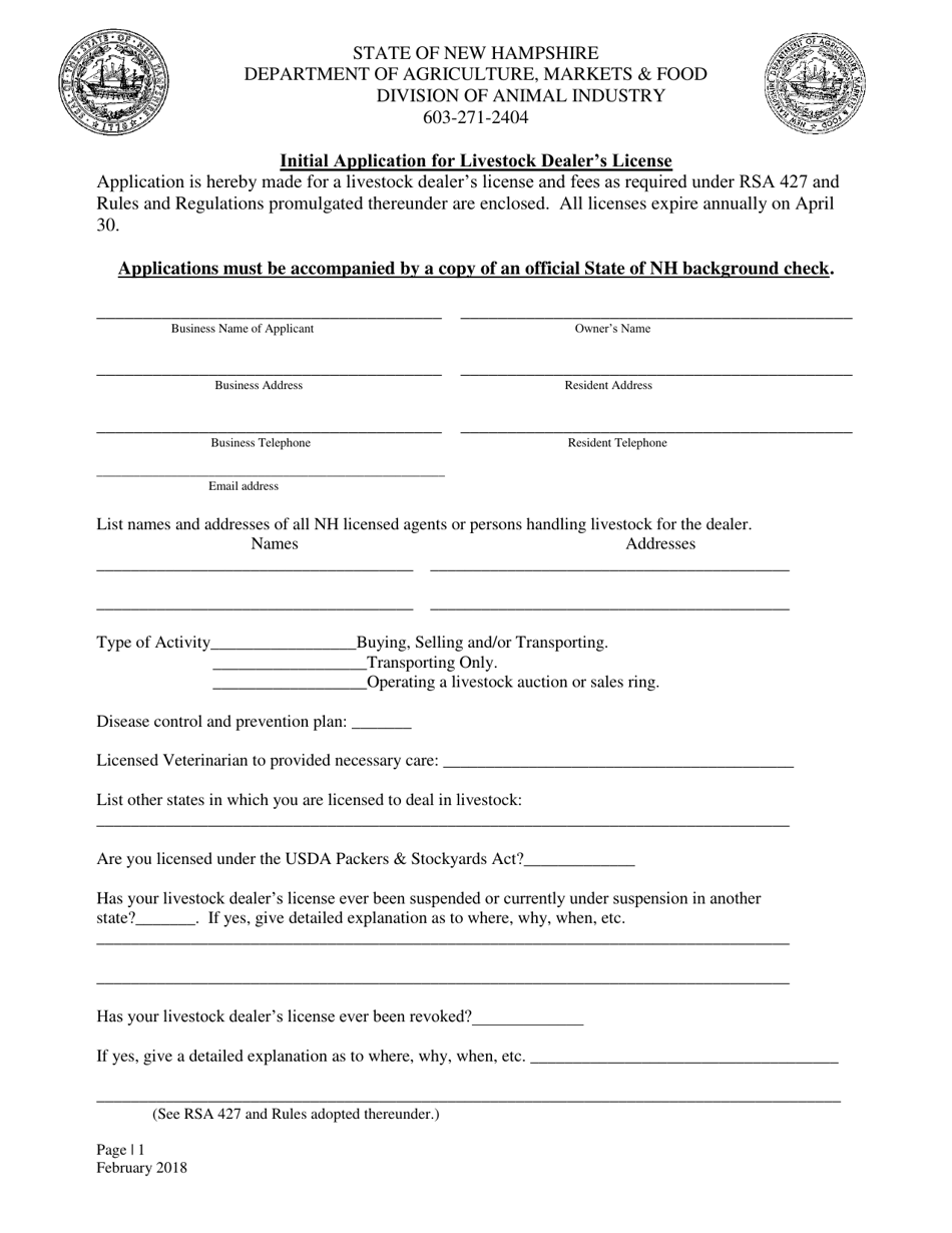 Initial Application for Livestock Dealers License - New Hampshire, Page 1
