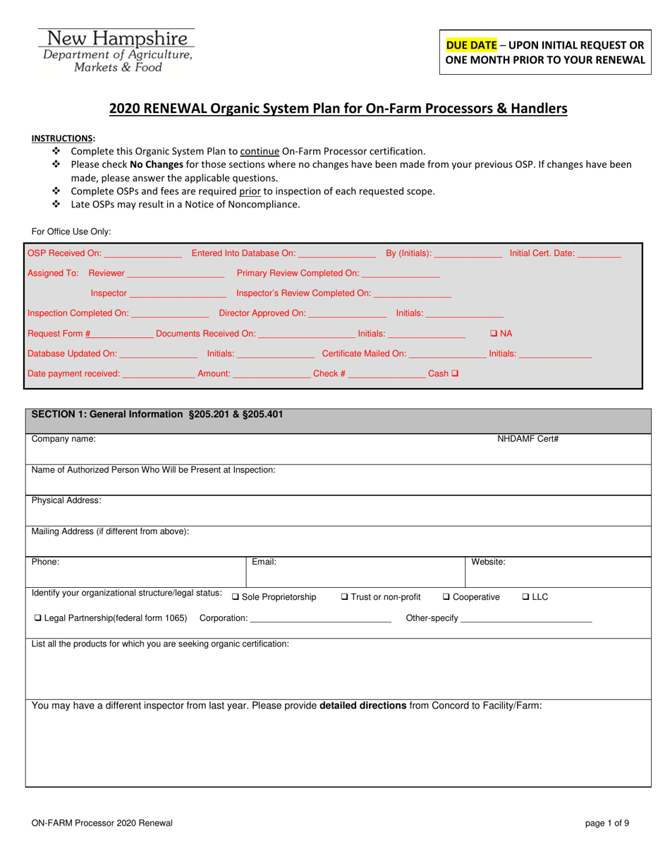 2020 New Hampshire On-Farm Processor Organic System Plan - Renewal ...