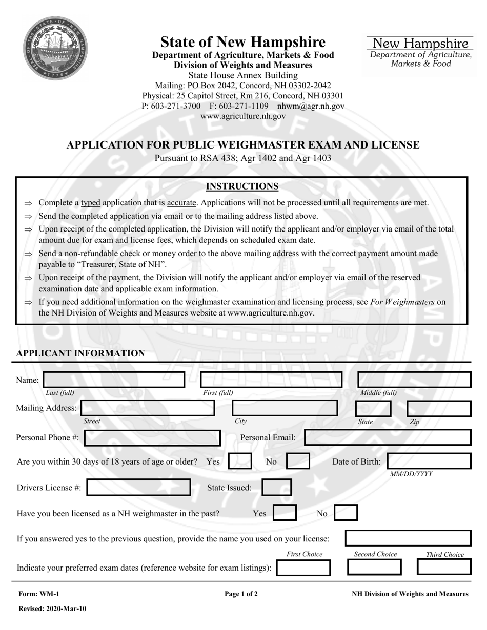 Form WM-1 Application for Public Weighmaster Exam and License - New Hampshire, Page 1