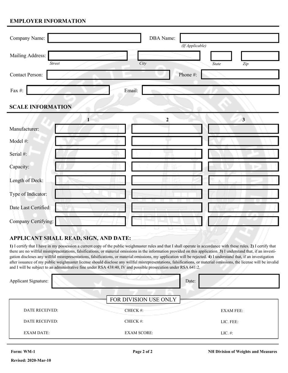 Form WM-1 Application for Public Weighmaster Exam and License - New Hampshire, Page 2