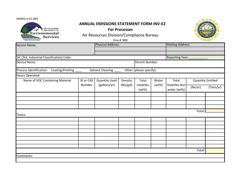 Form INV-E2 (NHDES-A-01-003) Annual Emissions Statement Form - New Hampshire