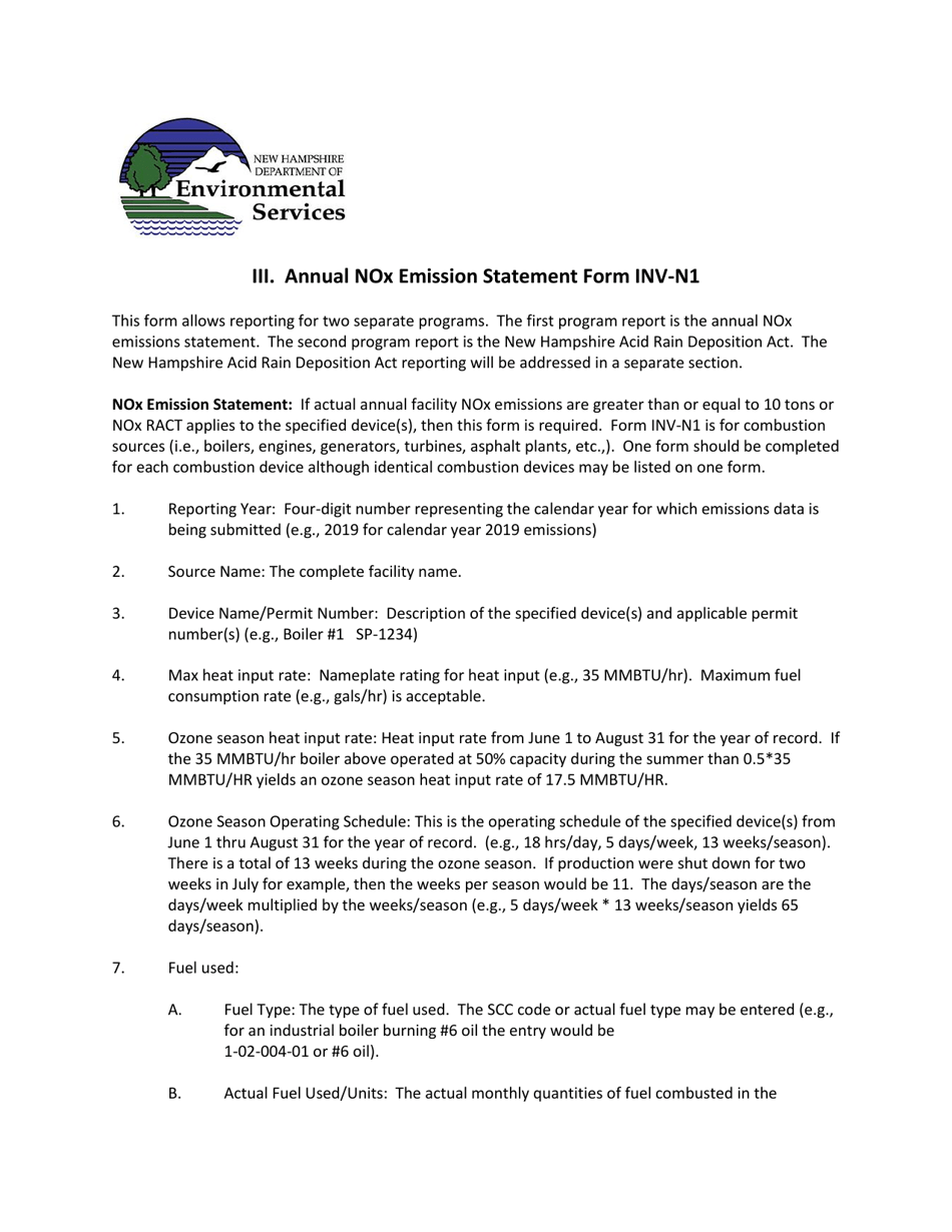 Instructions for Form INV-N1, NHDES-A-01-004 Annual Nox Emission Statement Form - New Hampshire, Page 1