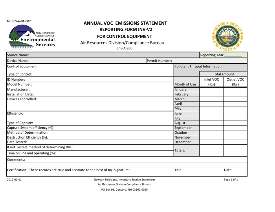 Form INV-V2 (NHDES-A-01-007) Annual VOC Emissions Statement - New Hampshire, Page 1