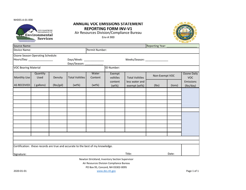 Form INV-V1 (NHDES-A-01-008) Annual VOC Emissions Statement Reporting Form - New Hampshire