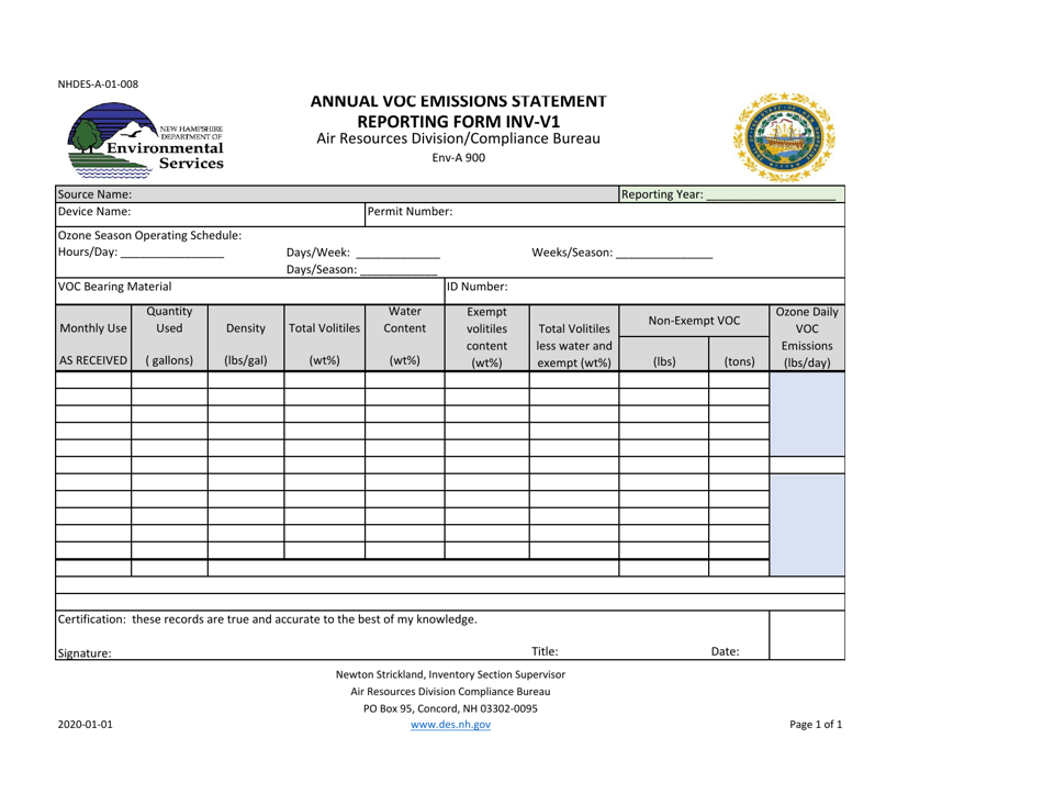 Form INV-V1 (NHDES-A-01-008) Annual VOC Emissions Statement Reporting Form - New Hampshire, Page 1