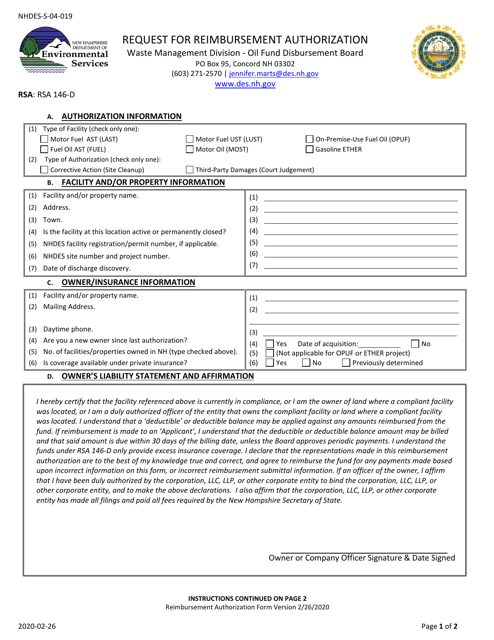 Form NHDES-S-04-019 Request for Reimbursement Authorization - New Hampshire