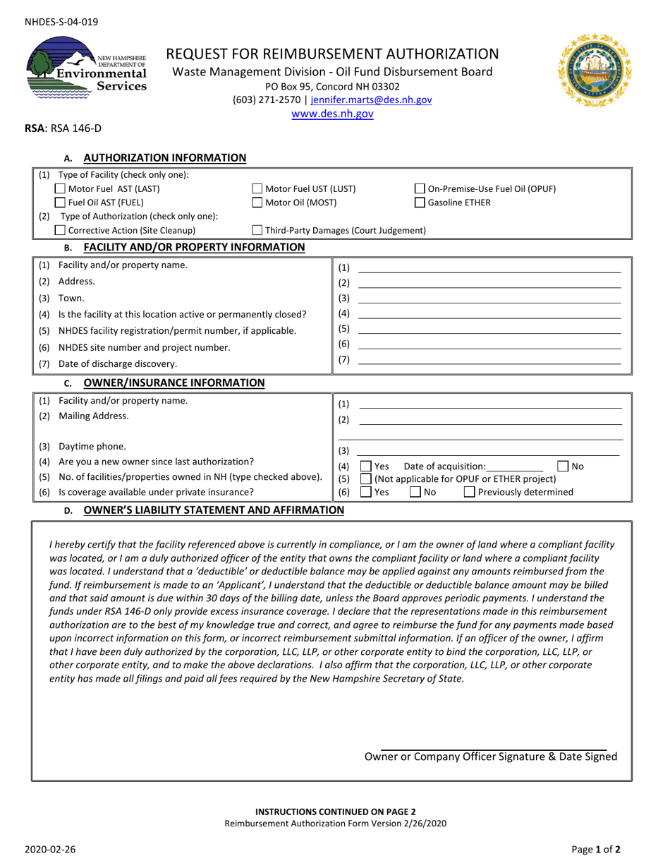 Form NHDES-S-04-019 Request for Reimbursement Authorization - New Hampshire, Page 1