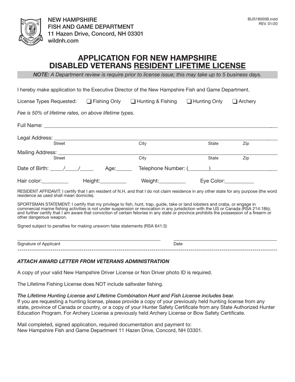 Form BUS18005B Application for New Hampshire Disabled Veterans Resident Lifetime License - New Hampshire, Page 3