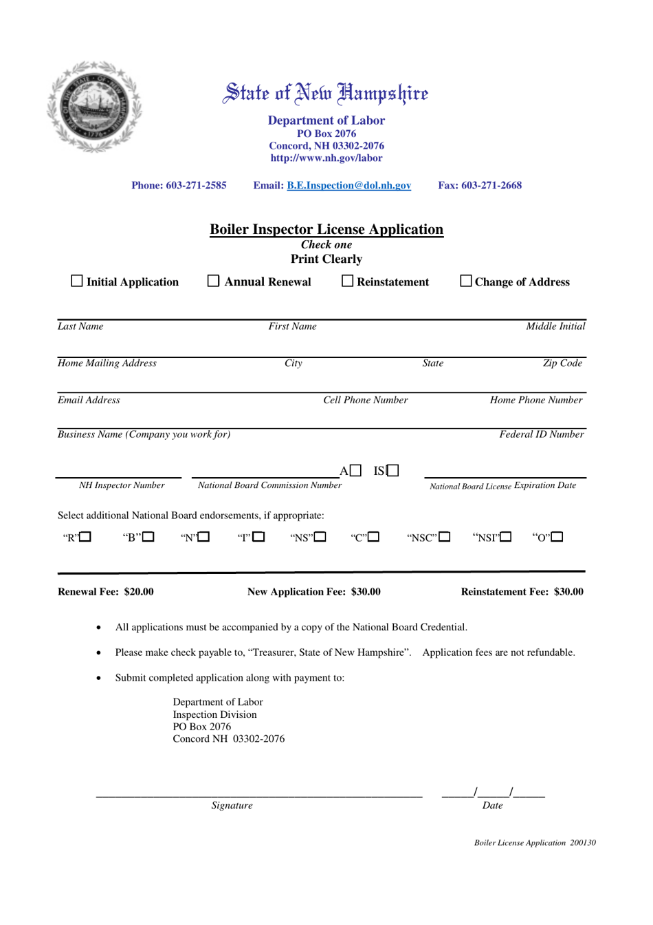 Boiler Inspector License Application - New Hampshire, Page 1