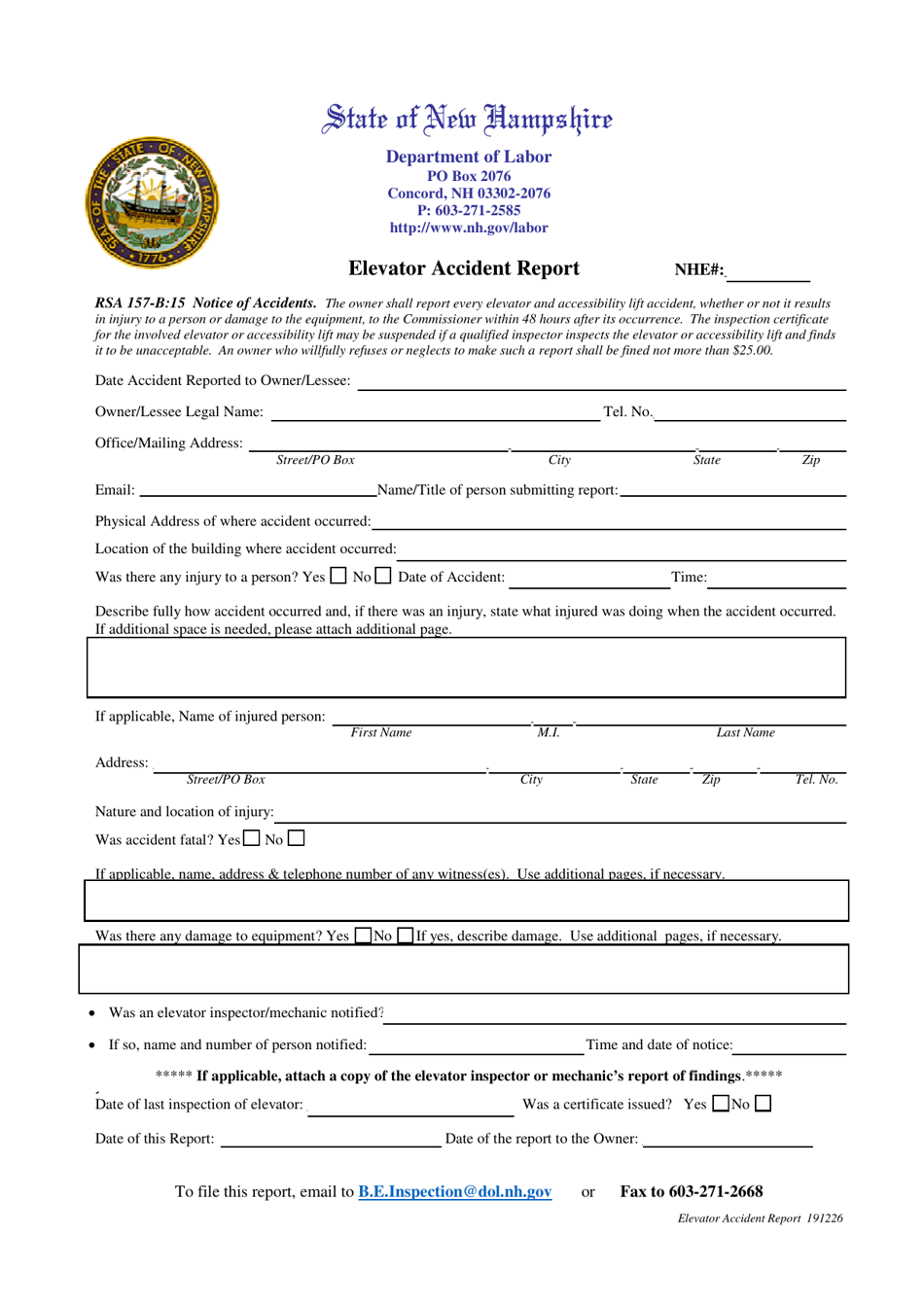 New Hampshire Elevator Accident Report - Fill Out, Sign Online and ...