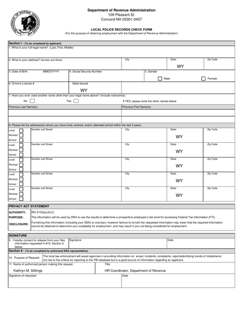 Local Police Records Check Form - New Hampshire Download Pdf