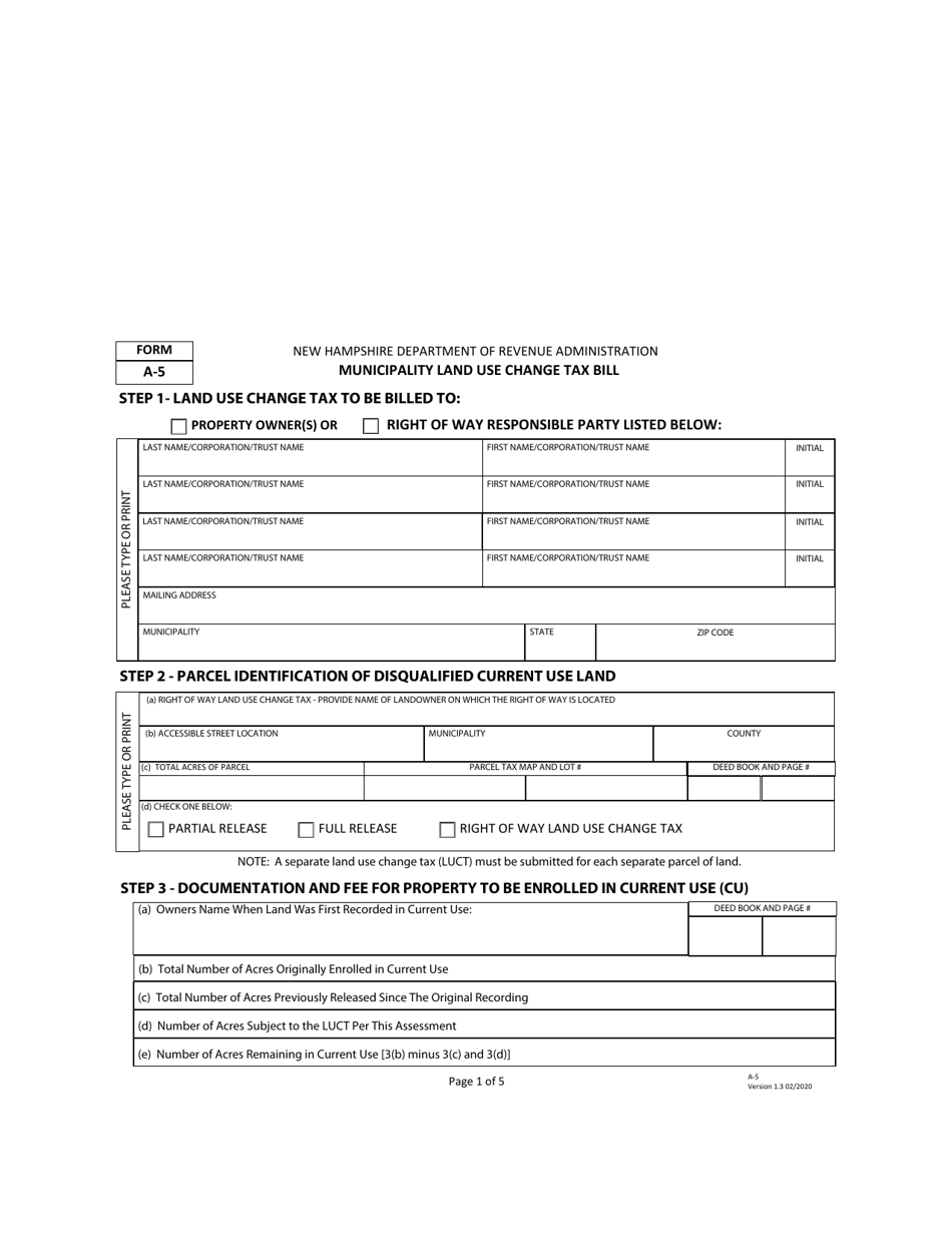 Form A-5 Municipality Land Use Change Tax Bill - New Hampshire, Page 1