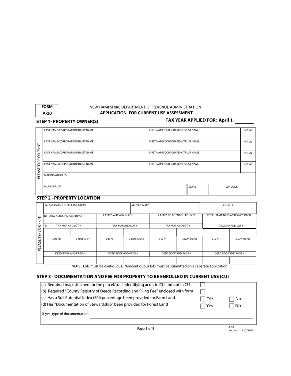 Form A-10 Application for Current Use Assessment - New Hampshire, Page 1