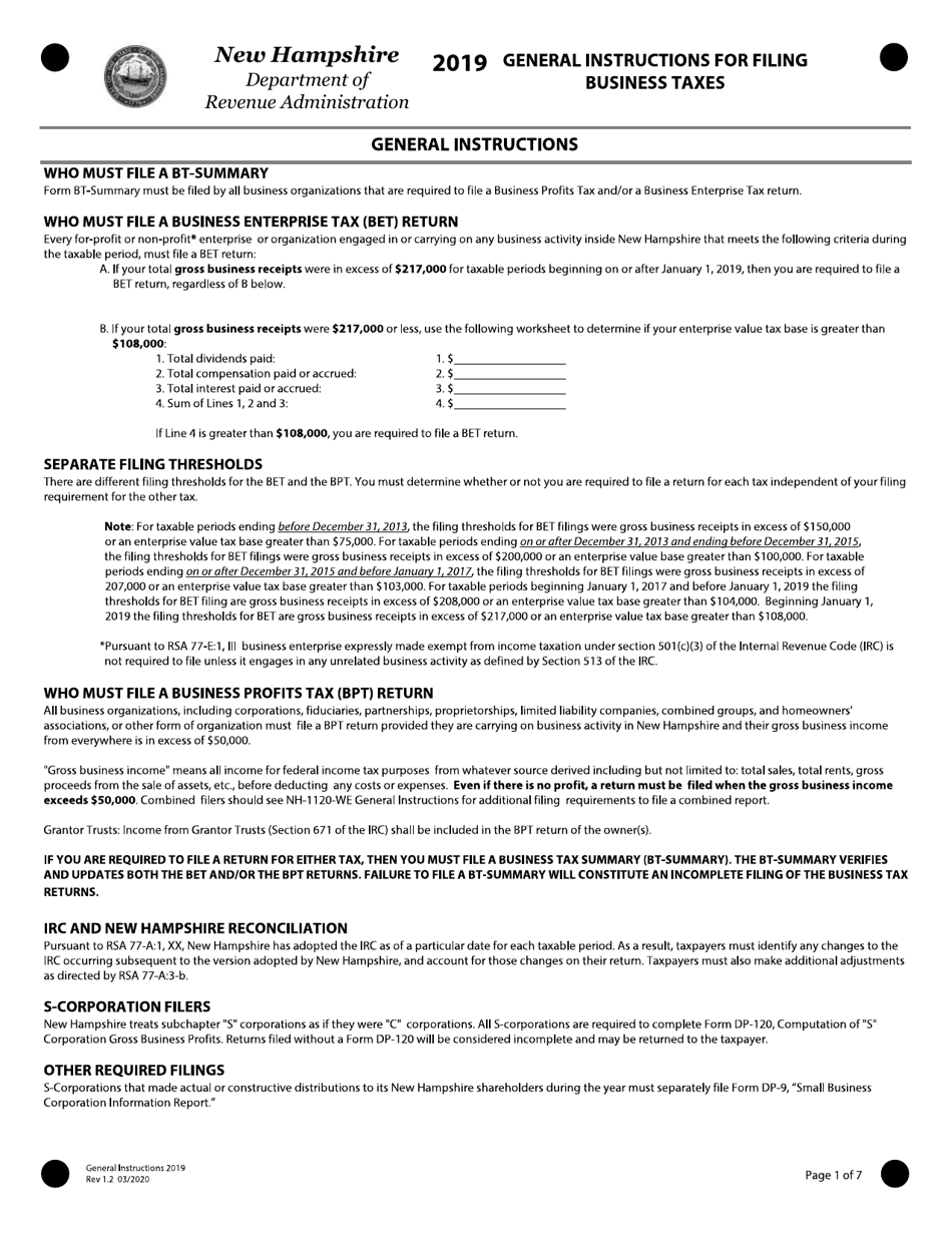 Instructions for Form BET Business Enterprise Tax Return - New Hampshire, Page 1