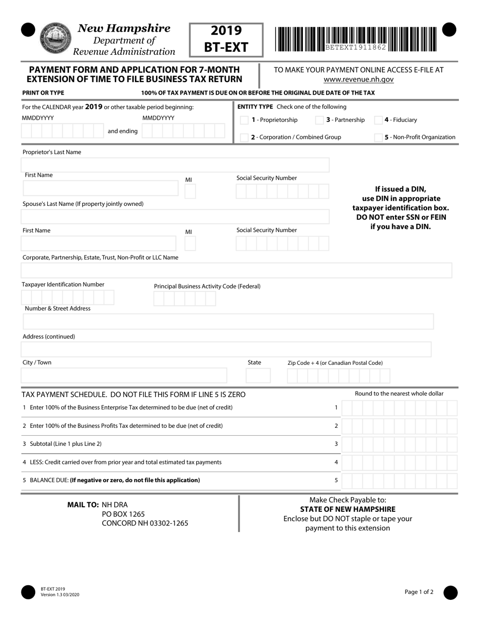 Form BT-EXT Payment Form and Application for 7-month Extension of Time to File Business Tax Return - New Hampshire, Page 1