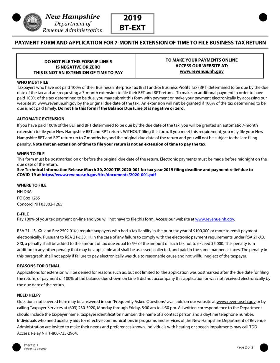 Form BT-EXT Payment Form and Application for 7-month Extension of Time to File Business Tax Return - New Hampshire, Page 2