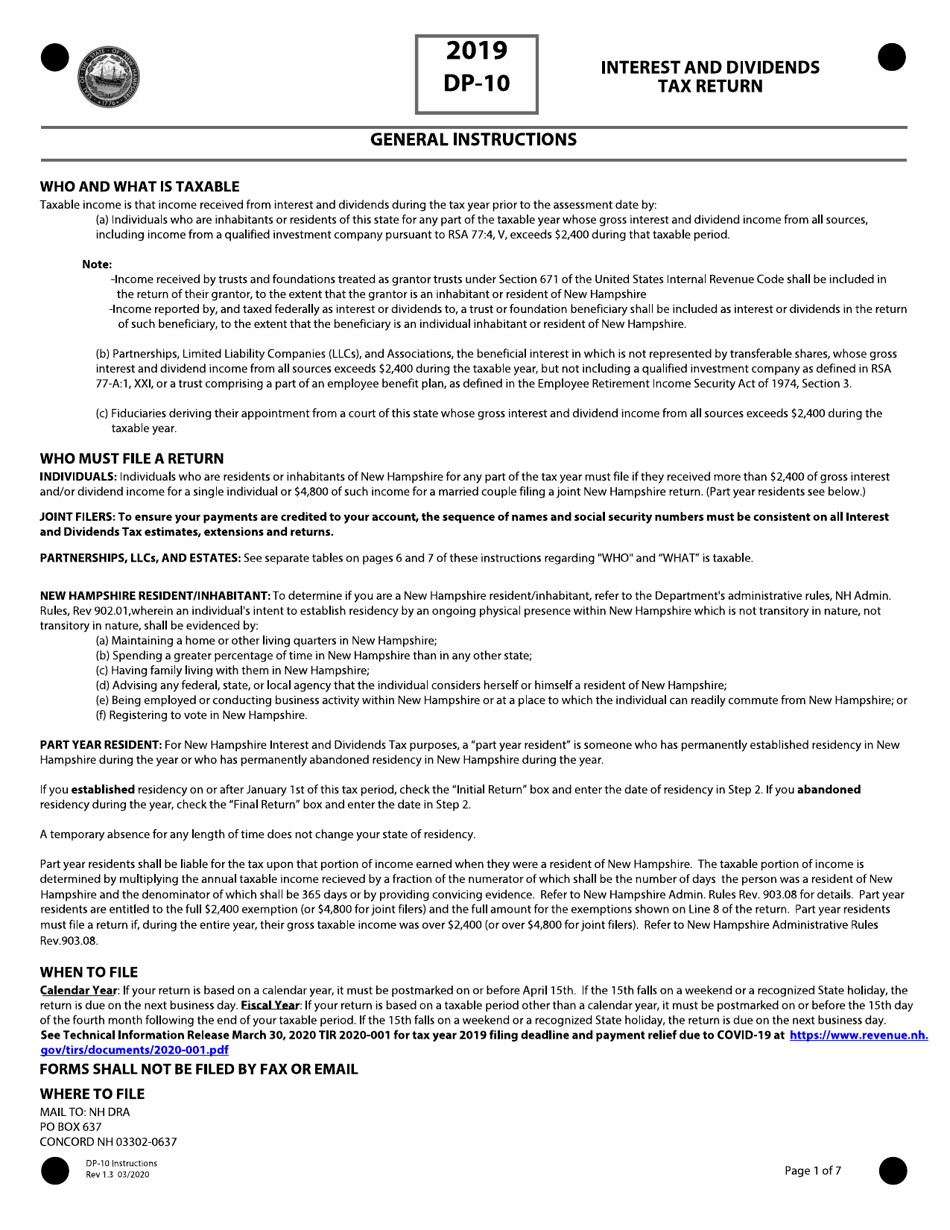 Instructions for Form DP-10 Interest and Dividends Tax Return - New Hampshire, Page 1