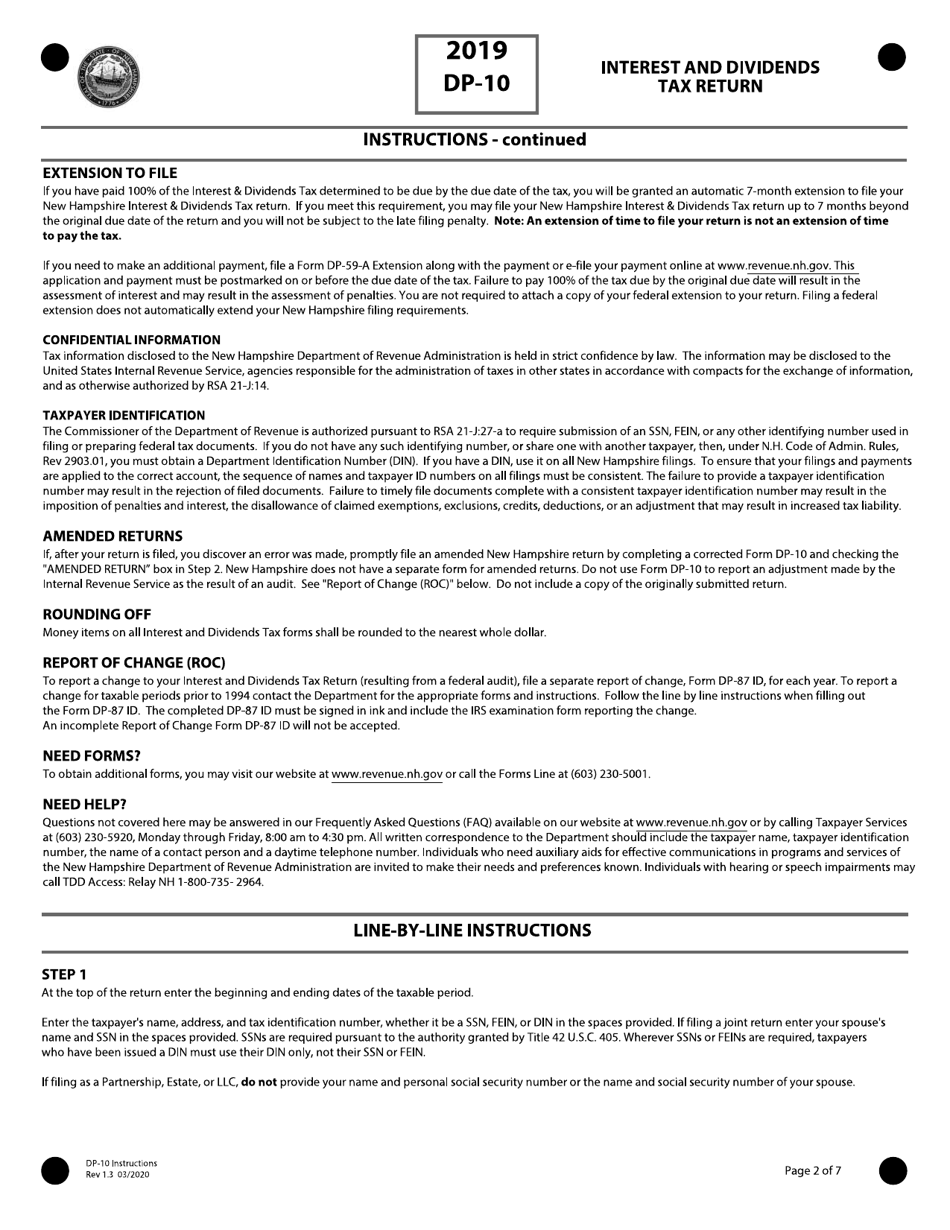 Instructions for Form DP-10 Interest and Dividends Tax Return - New Hampshire, Page 2