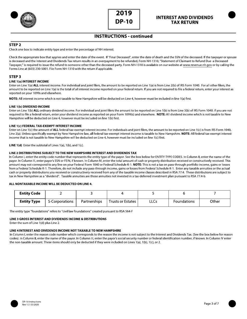 Instructions for Form DP-10 Interest and Dividends Tax Return - New Hampshire, Page 3