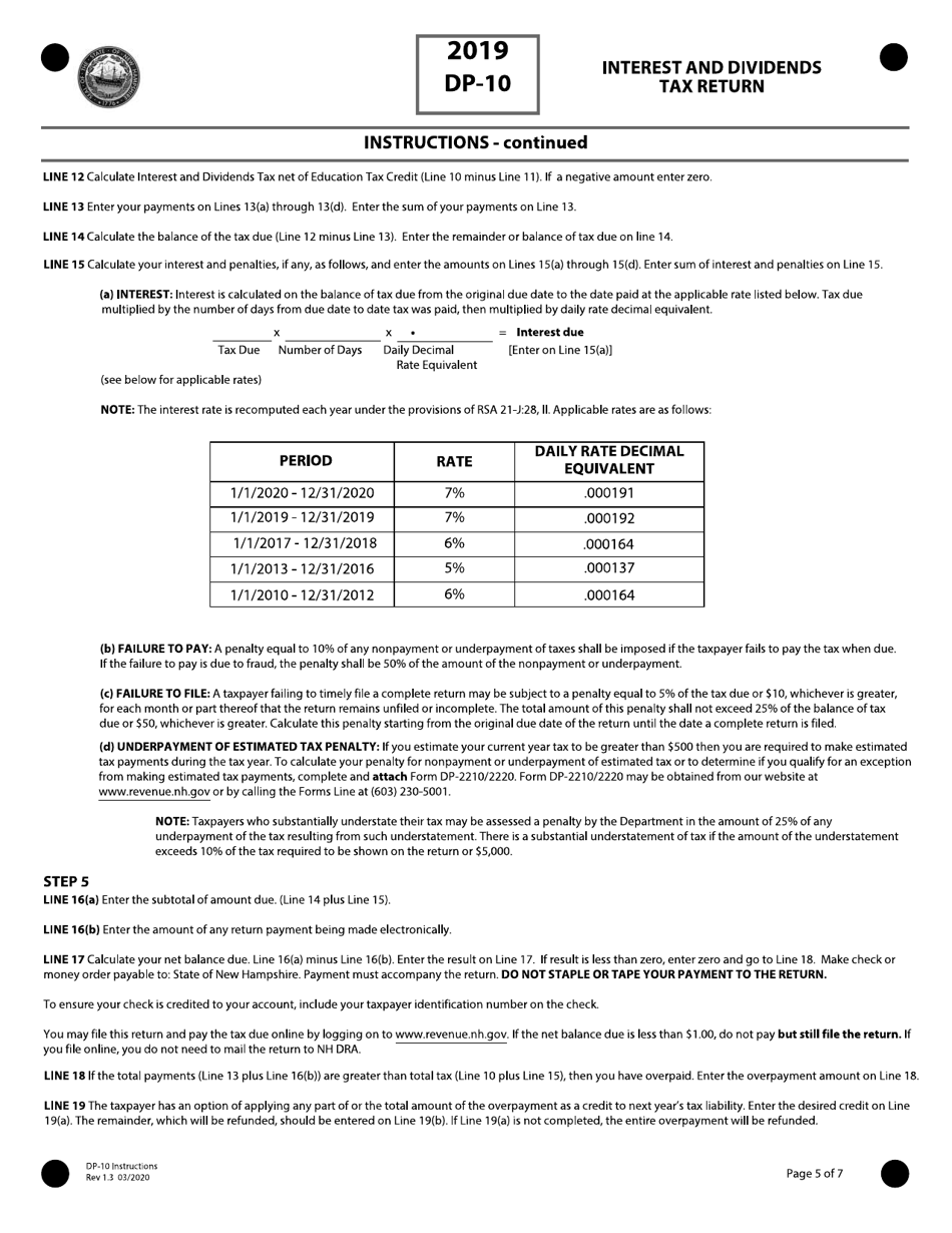 Instructions for Form DP-10 Interest and Dividends Tax Return - New Hampshire, Page 5