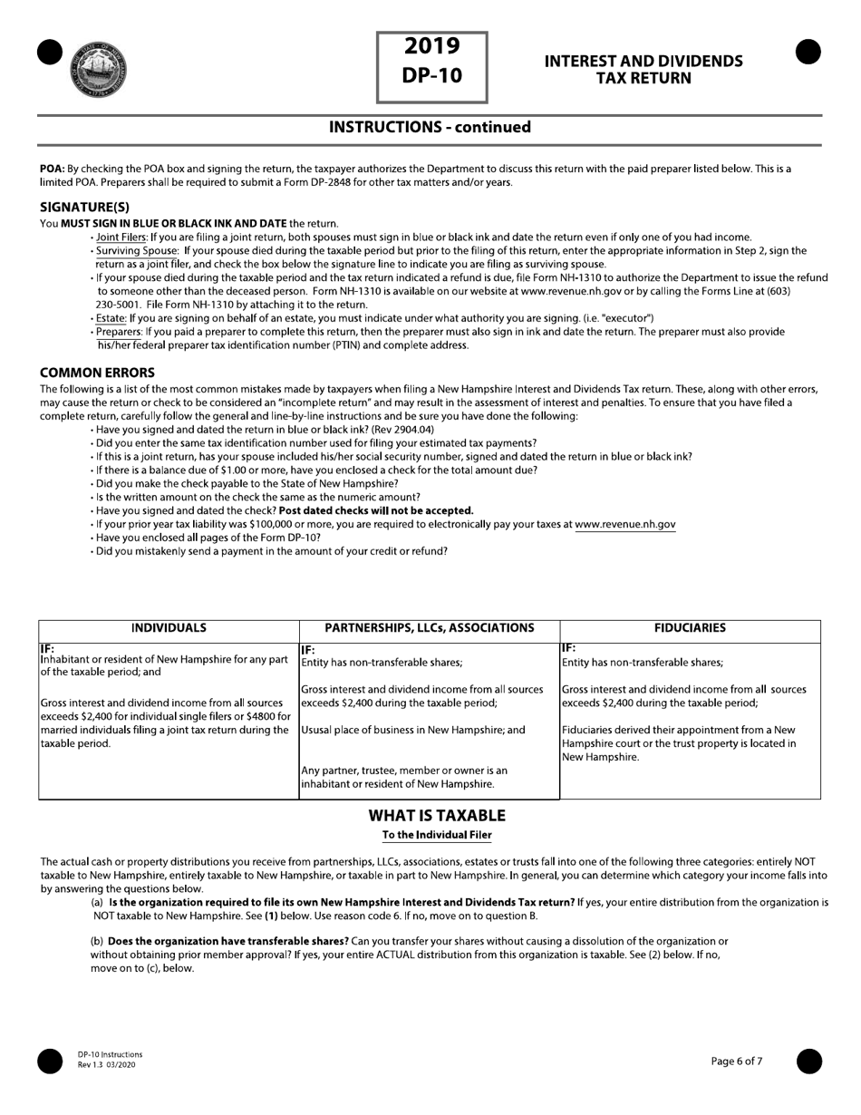 Instructions for Form DP-10 Interest and Dividends Tax Return - New Hampshire, Page 6