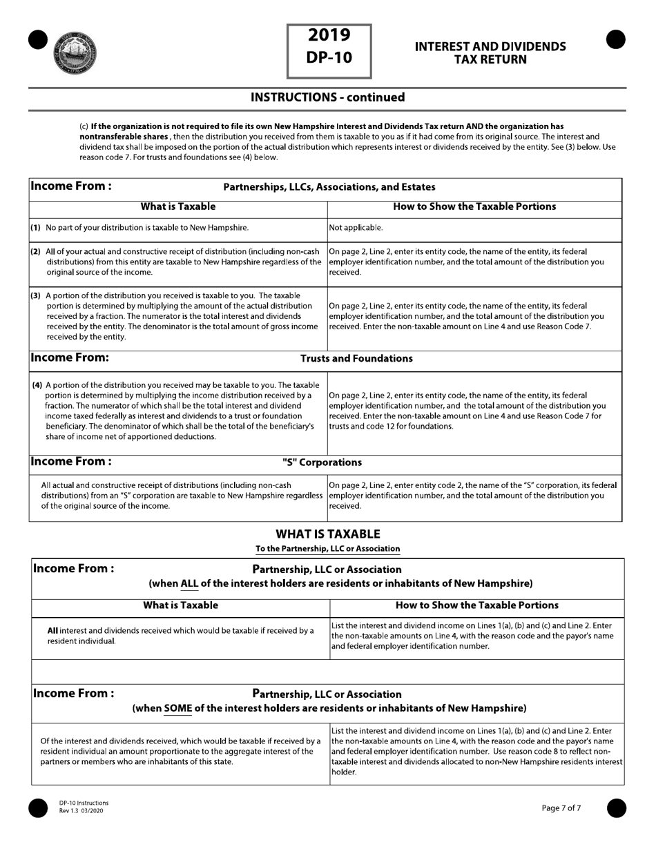 Instructions for Form DP-10 Interest and Dividends Tax Return - New Hampshire, Page 7