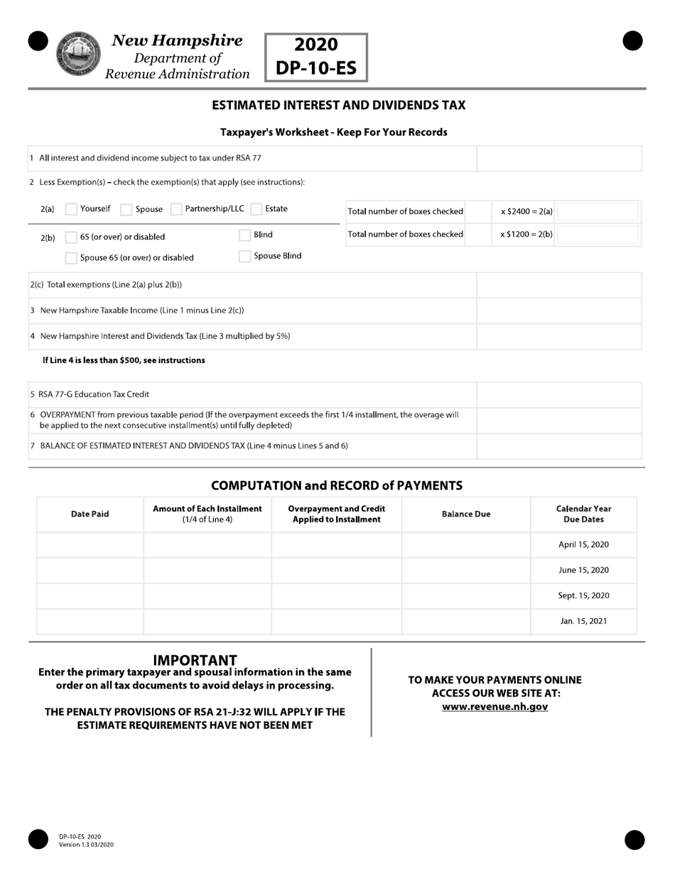 Form DP-10-ES Estimated Interest and Dividends Tax - New Hampshire, Page 1