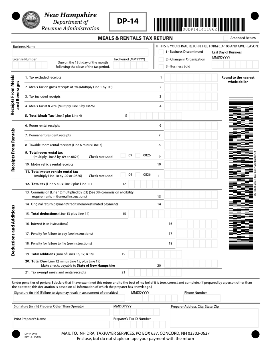 Form DP-14 Meals and Rentals Tax Form - New Hampshire, Page 1