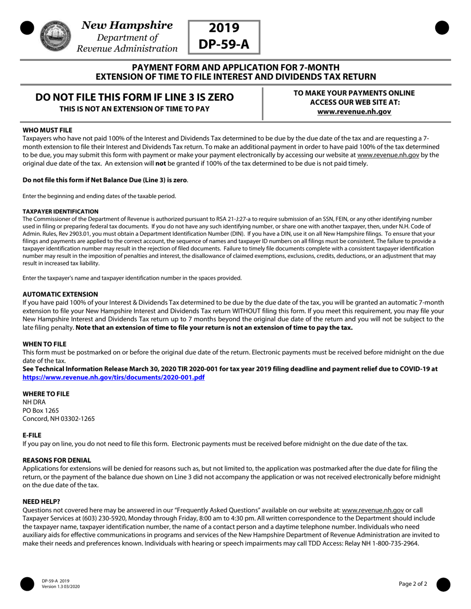Form DP-59-A Payment Form and Application for 7-month Extension of Time to File Interest and Dividends Tax Return - New Hampshire, Page 2